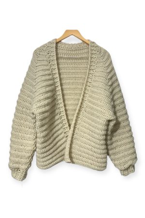 Kadın Krem Rengi El Örgüsü Hırka - Oversize Hırka