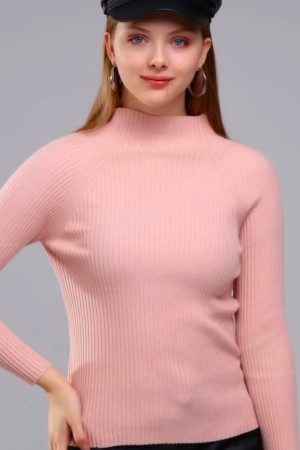 Fitilli Açık Pembe Yarım Balıkçı Yaka Kazak