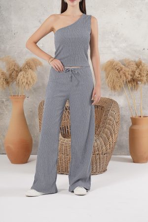 Bürümcük İkili Takım Tek Omuz Bluz & Bol Paça Pantolon