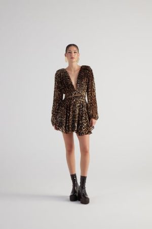 Leopar Desenli V Yaka Uzun Kollu Mini Elbise