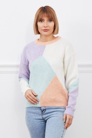 Pastel Renkli Bisiklet Yaka Kazak - Somon, Yeşil, Lila
