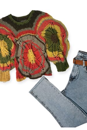 Kadın El Örgüsü Kazak - Çok Renkli, Motifli, Oversize