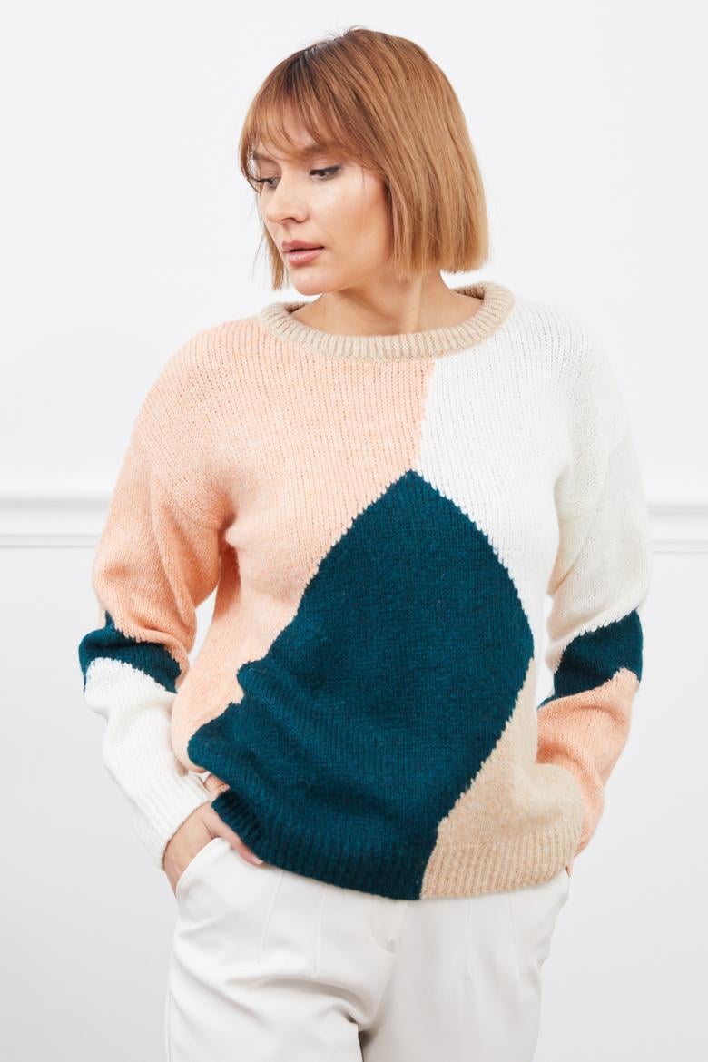 Pastel Renkli Bisiklet Yaka Kazak - Somon, Yeşil