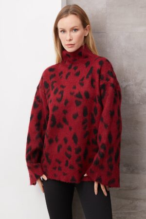 Balıkçı Yaka Leopar Desen Kazak